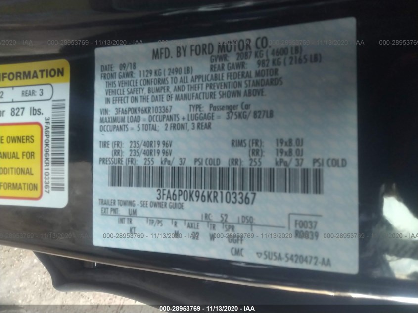 FORD FUSION 3FA6P0K96KR103367
