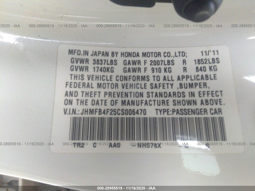 HONDA CIVIC HYBRID JHMFB4F25CS006470