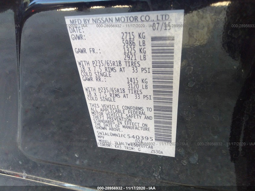 INFINITI QX60 5N1AL0MN1FC540395
