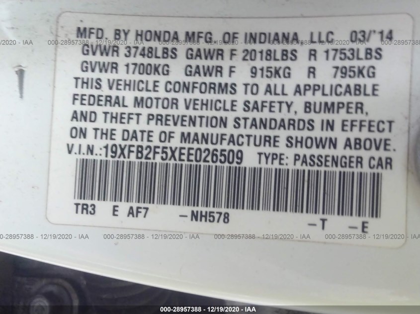 HONDA CIVIC SEDAN 19XFB2F5XEE026509
