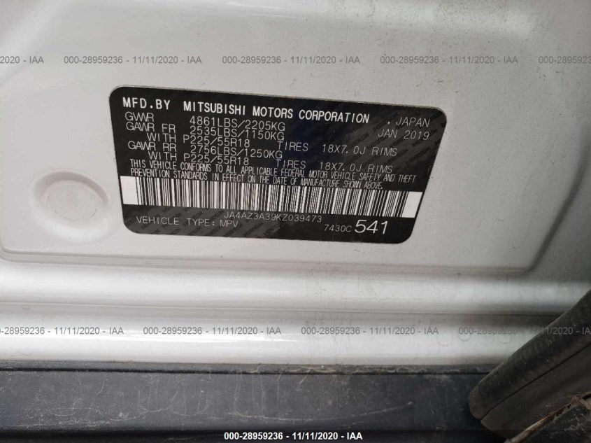 MITSUBISHI OUTLANDER JA4AZ3A39KZ039473
