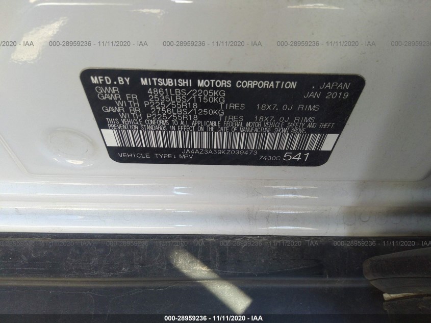 MITSUBISHI OUTLANDER JA4AZ3A39KZ039473