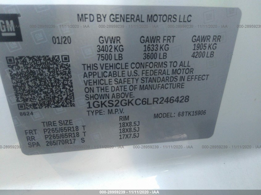 GMC YUKON XL 1GKS2GKC6LR246428