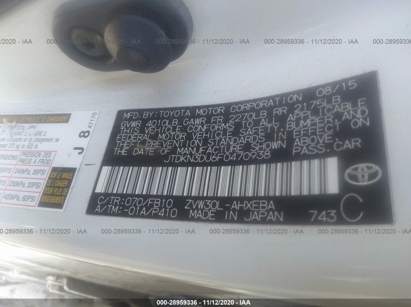 TOYOTA PRIUS JTDKN3DU6F0470938