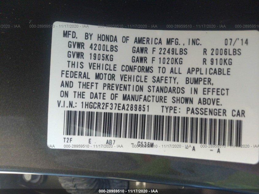 HONDA ACCORD SEDAN 1HGCR2F37EA289851