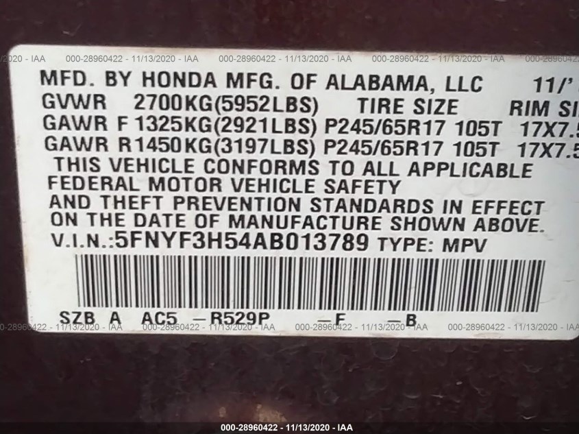 HONDA PILOT 5FNYF3H54AB013789