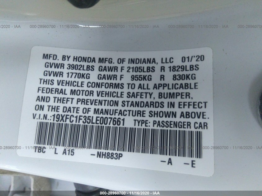 HONDA CIVIC SEDAN 19XFC1F35LE007661