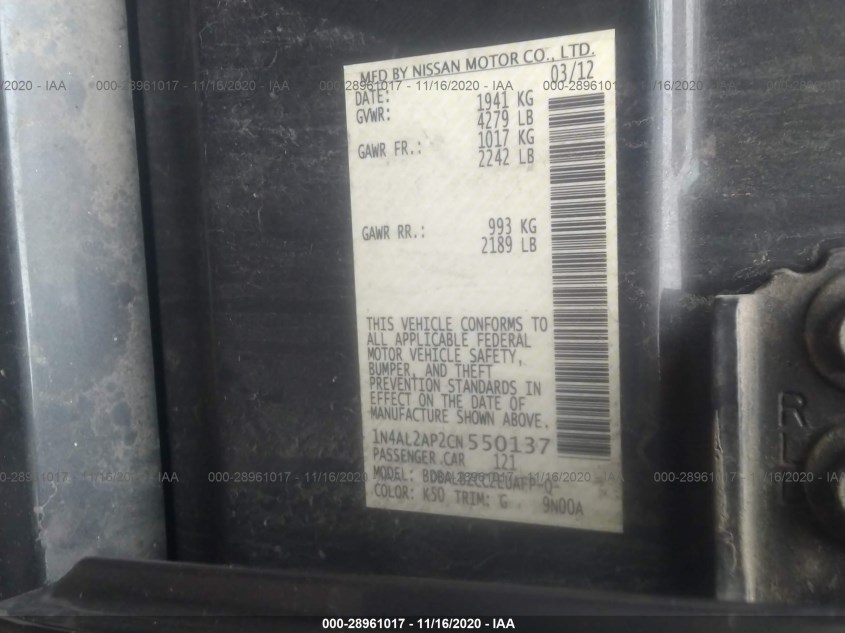 NISSAN ALTIMA 1N4AL2AP2CN550137
