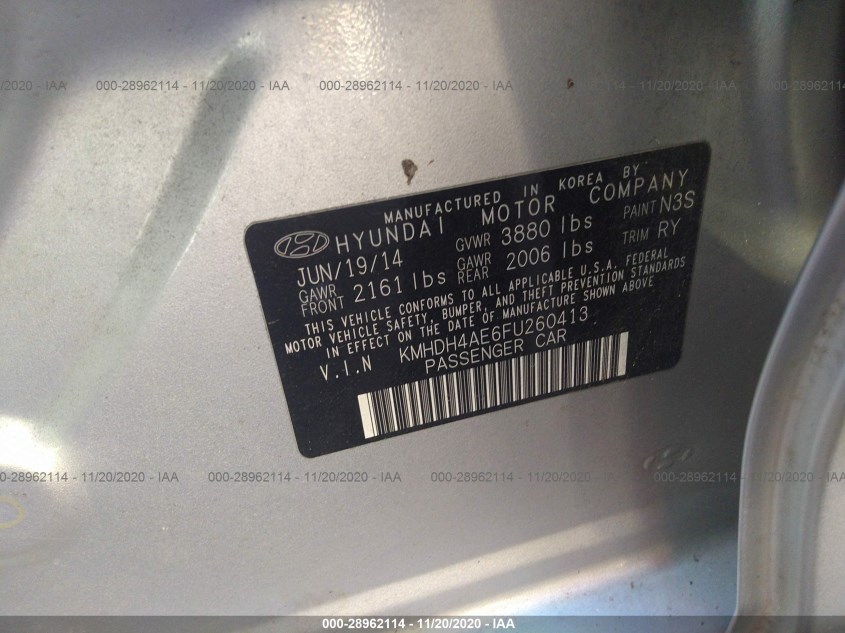 HYUNDAI ELANTRA KMHDH4AE6FU260413