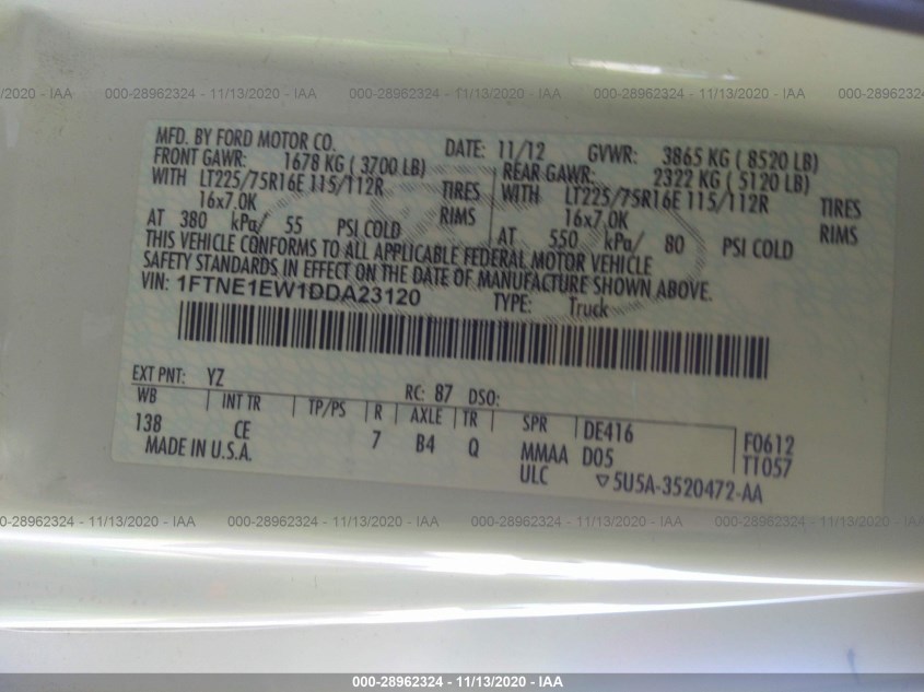 FORD ECONOLINE CARGO VAN 1FTNE1EW1DDA23120
