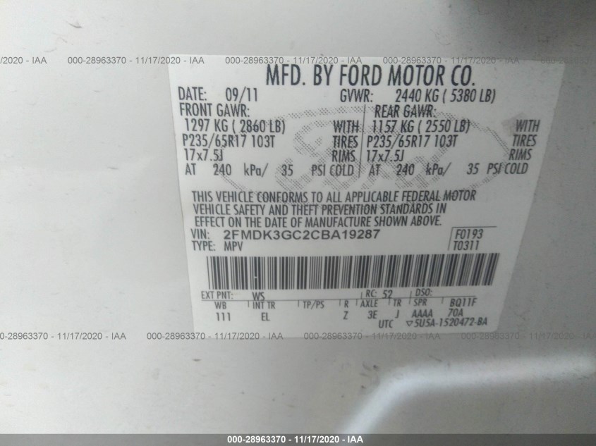 FORD EDGE 2FMDK3GC2CBA19287