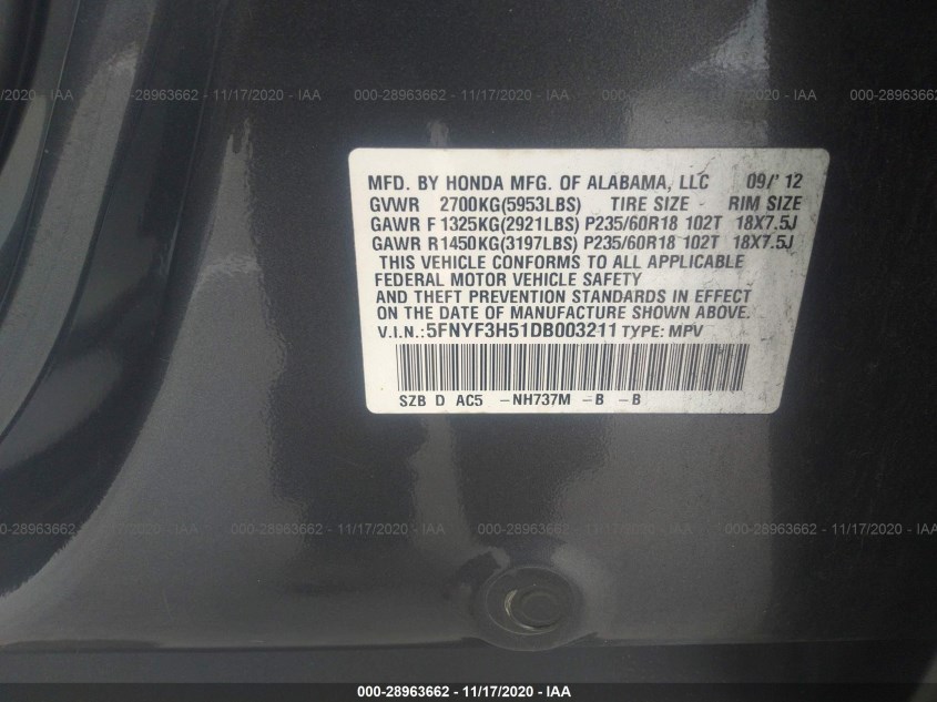 HONDA PILOT 5FNYF3H51DB003211