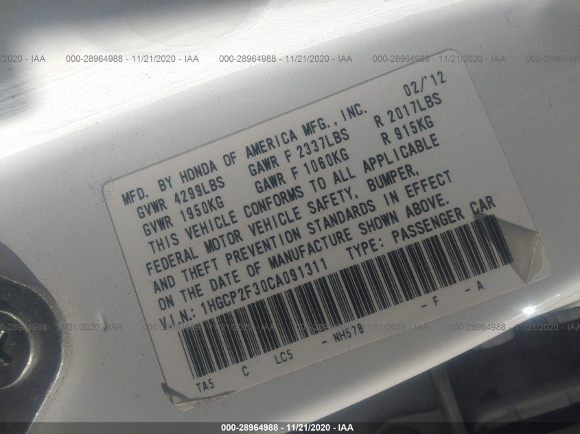HONDA ACCORD SDN 1HGCP2F30CA091311