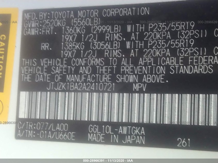 LEXUS RX 350 JTJZK1BA2A2410721