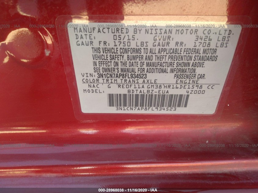 NISSAN VERSA 3N1CN7AP8FL934523