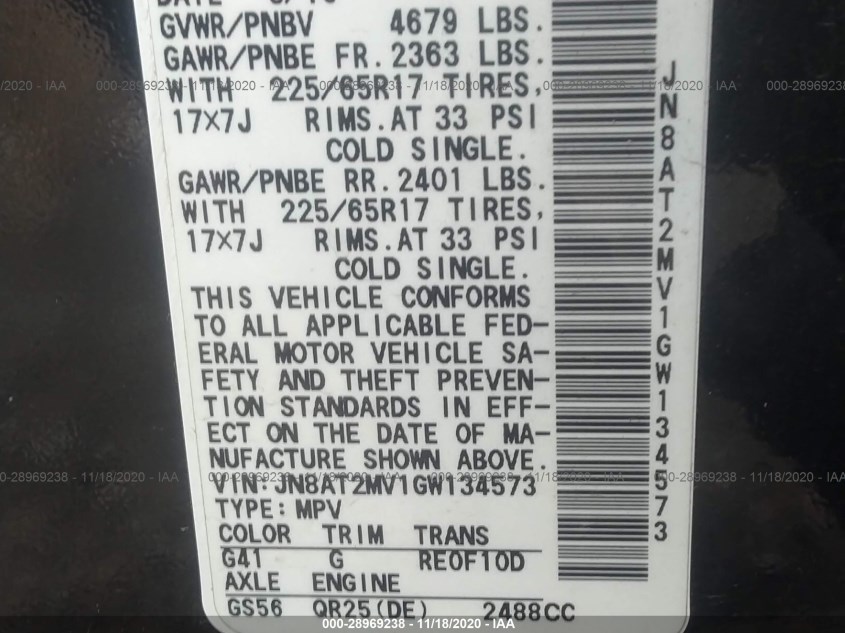 NISSAN ROGUE JN8AT2MV1GW134573