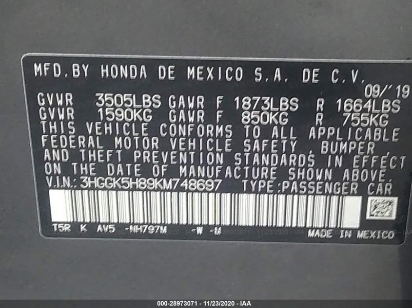 HONDA FIT 3HGGK5H89KM748697