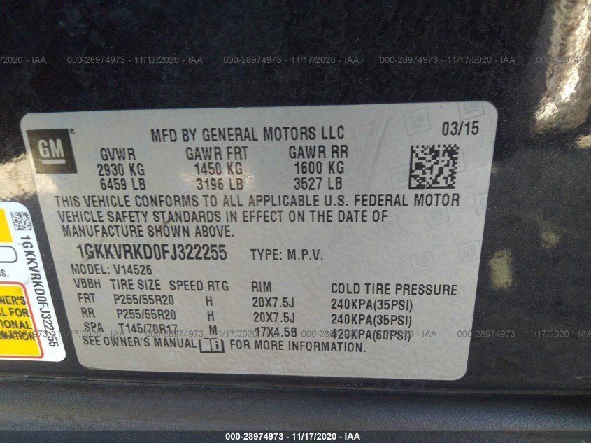 GMC ACADIA 1GKKVRKD0FJ322255