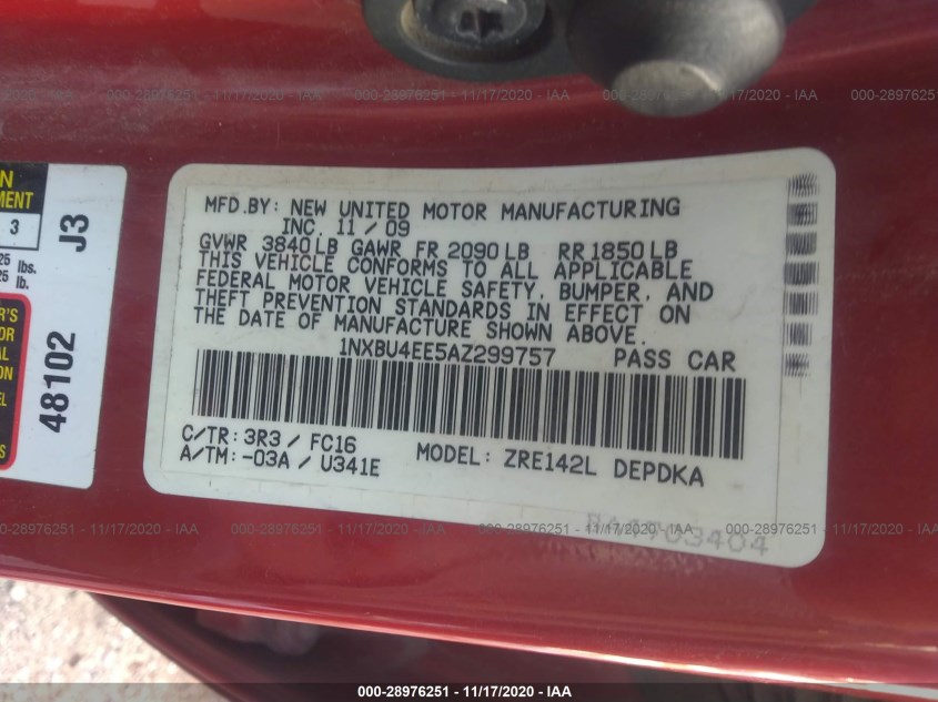 TOYOTA COROLLA 1NXBU4EE5AZ299757