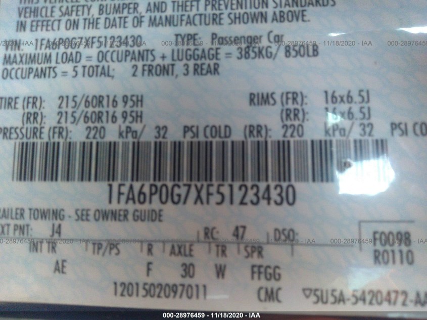 FORD FUSION 1FA6P0G7XF5123430