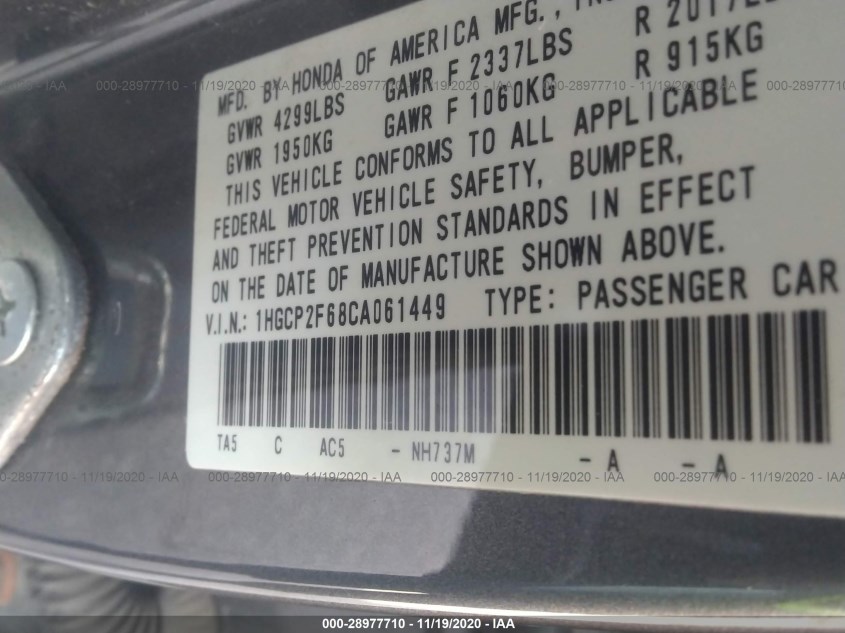 HONDA ACCORD SDN 1HGCP2F68CA061449