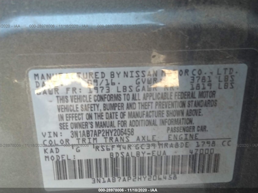 NISSAN SENTRA 3N1AB7AP2HY206458