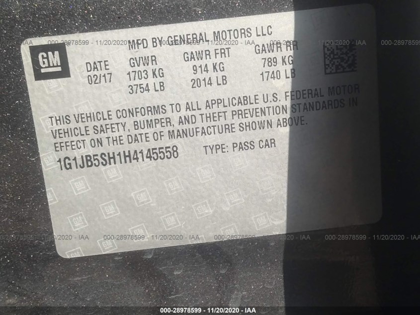 CHEVROLET SONIC 1G1JB5SH1H4145558