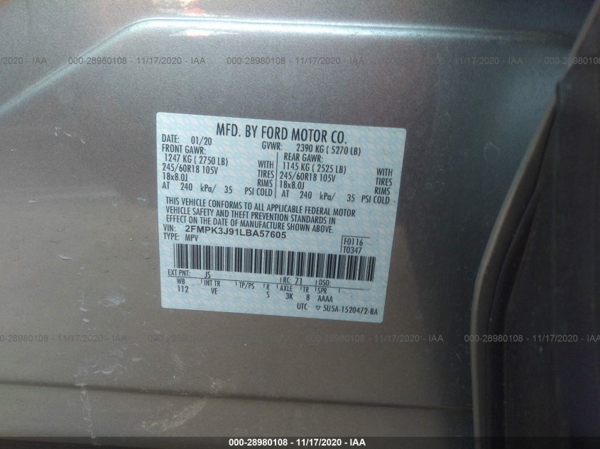 FORD EDGE 2FMPK3J91LBA57605