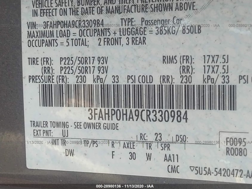 FORD FUSION 3FAHP0HA9CR330984