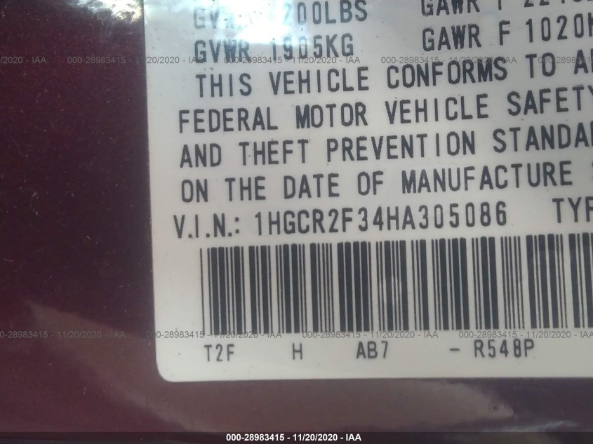 HONDA ACCORD SEDAN 1HGCR2F34HA305086