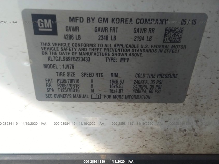 CHEVROLET TRAX KL7CJLSB9FB223433