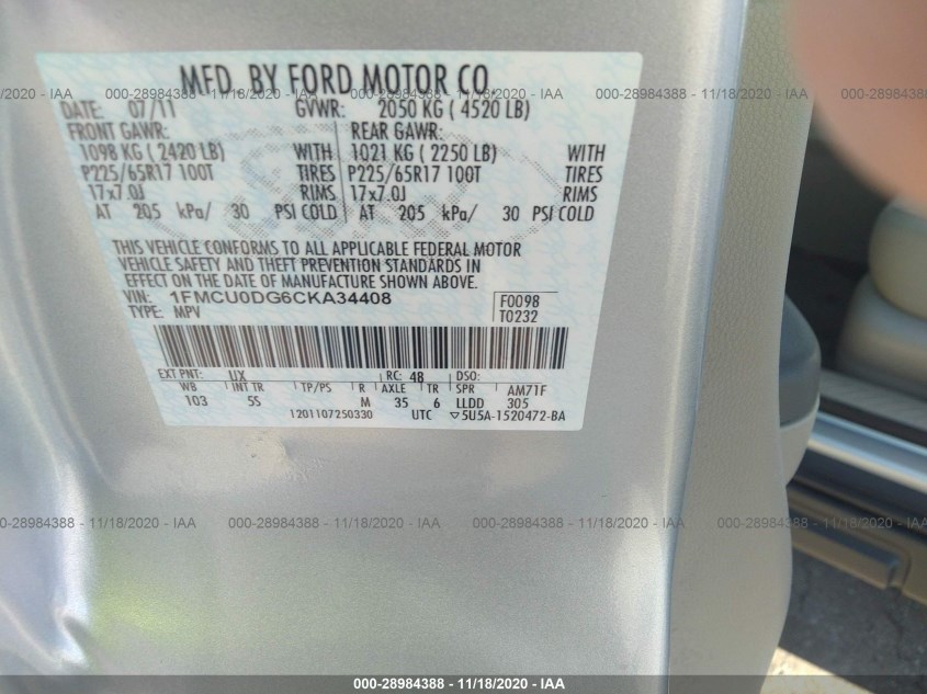 FORD ESCAPE 1FMCU0DG6CKA34408