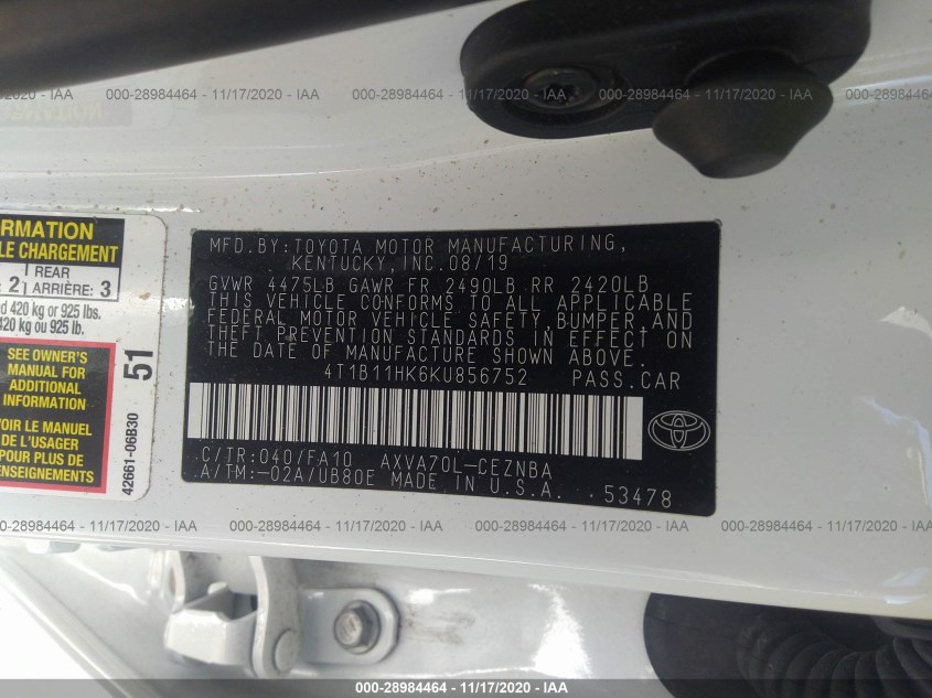 TOYOTA CAMRY 4T1B11HK6KU856752