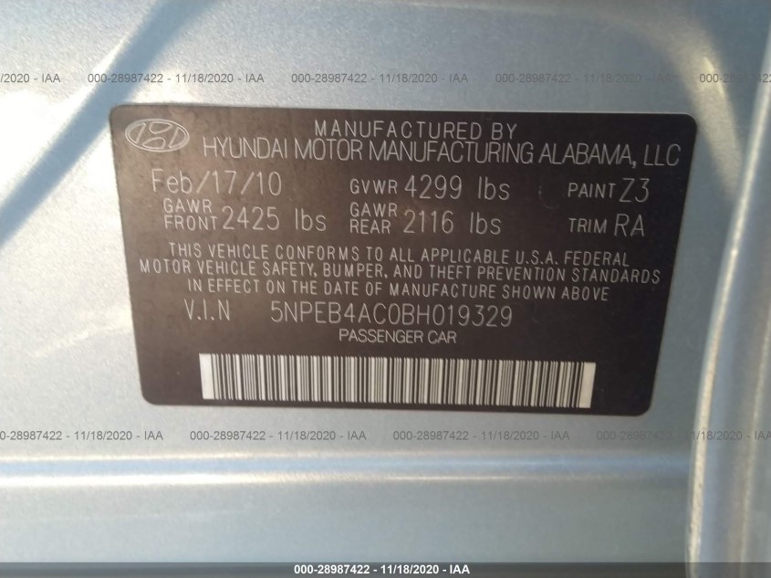 HYUNDAI SONATA 5NPEB4AC0BH019329