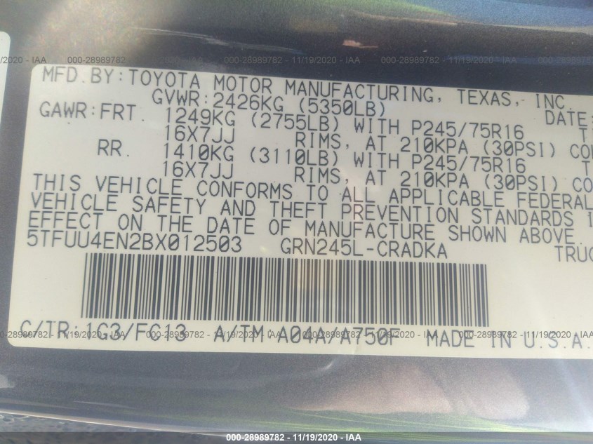 TOYOTA TACOMA 5TFUU4EN2BX012503