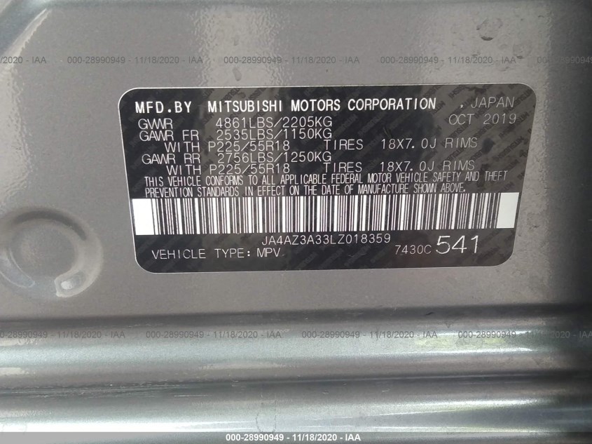 MITSUBISHI OUTLANDER JA4AZ3A33LZ018359