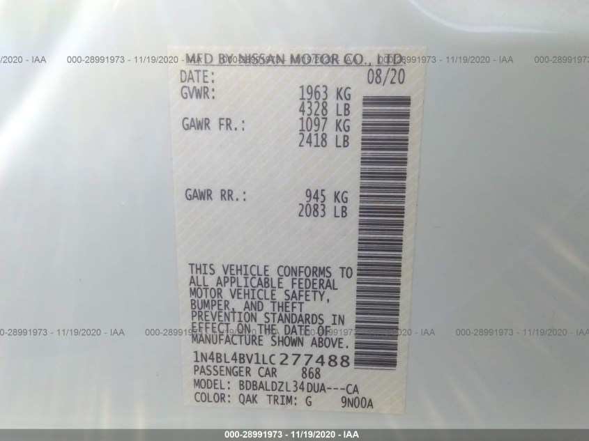 NISSAN ALTIMA 1N4BL4BV1LC277488