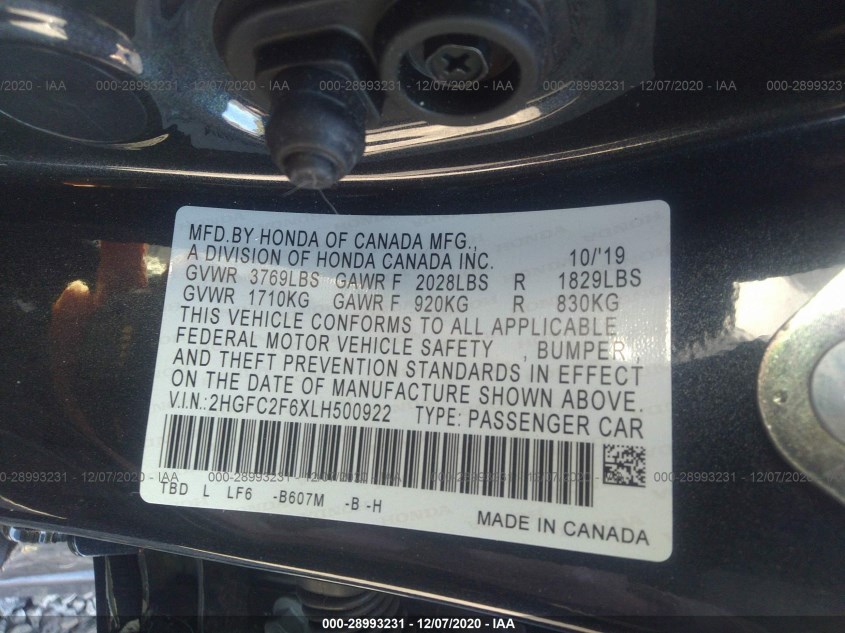 HONDA CIVIC SEDAN 2HGFC2F6XLH500922