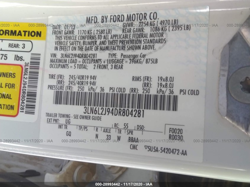 LINCOLN MKZ 3LN6L2J94DR804281