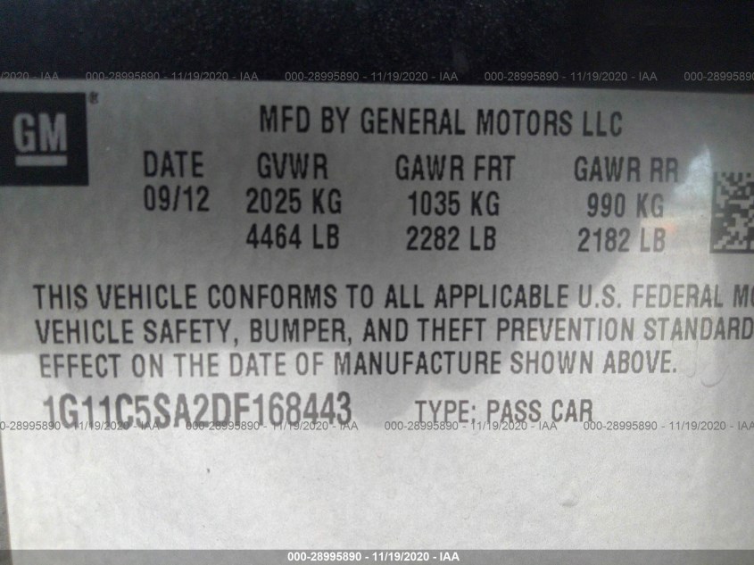 CHEVROLET MALIBU 1G11C5SA2DF168443