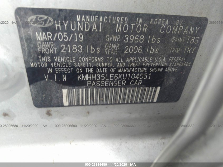 HYUNDAI ELANTRA GT KMHH35LE6KU104031