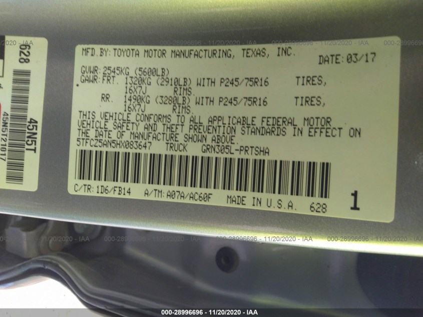 TOYOTA TACOMA 5TFCZ5AN5HX083647