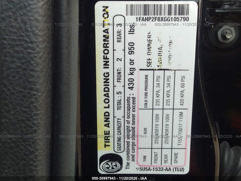 FORD TAURUS 1FAHP2F8XGG105790