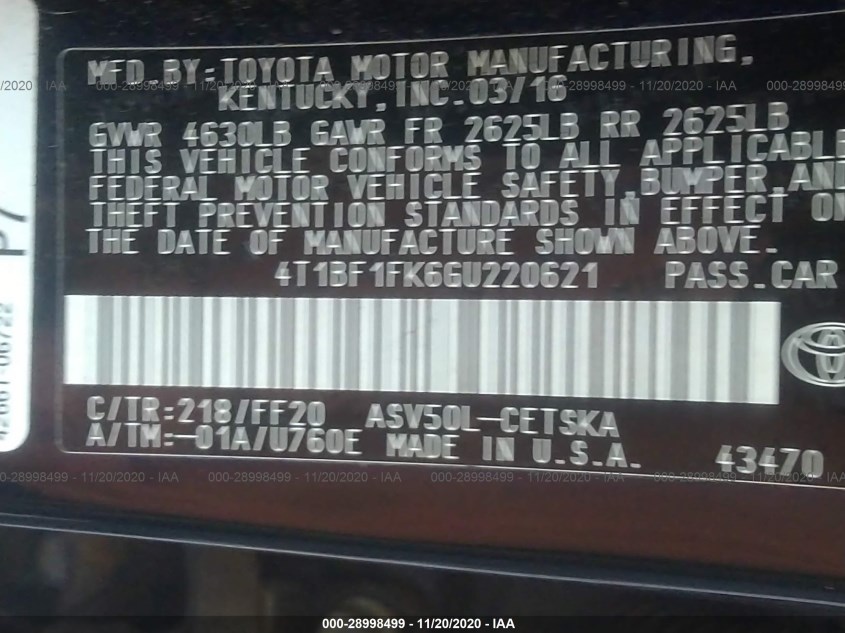 TOYOTA CAMRY 4T1BF1FK6GU220621