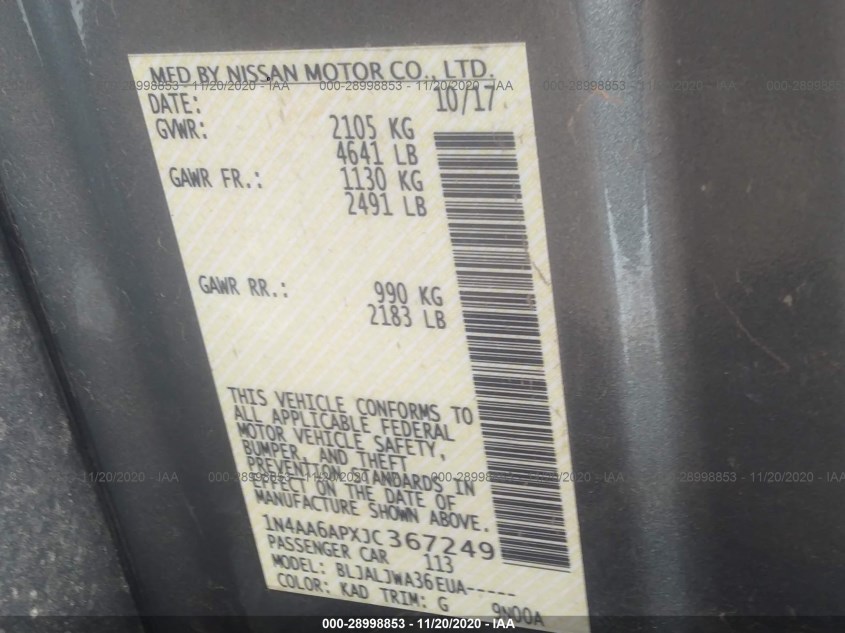 NISSAN MAXIMA 1N4AA6APXJC367249
