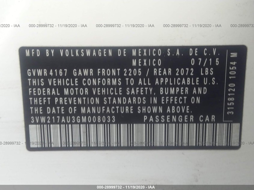 VOLKSWAGEN GOLF 3VW217AU3GM008033
