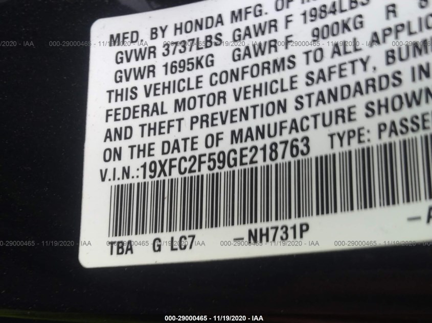 HONDA CIVIC SEDAN 19XFC2F59GE218763