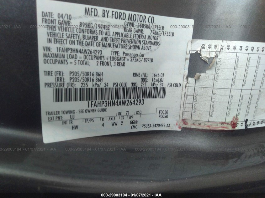 FORD FOCUS 1FAHP3HN4AW264293