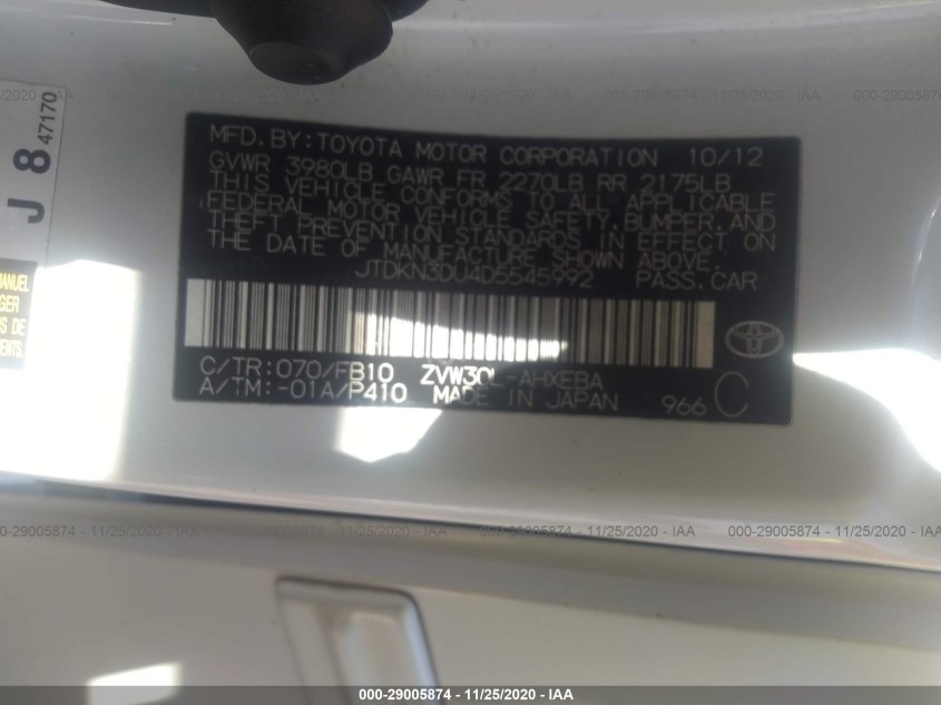 TOYOTA PRIUS JTDKN3DU4D5545992
