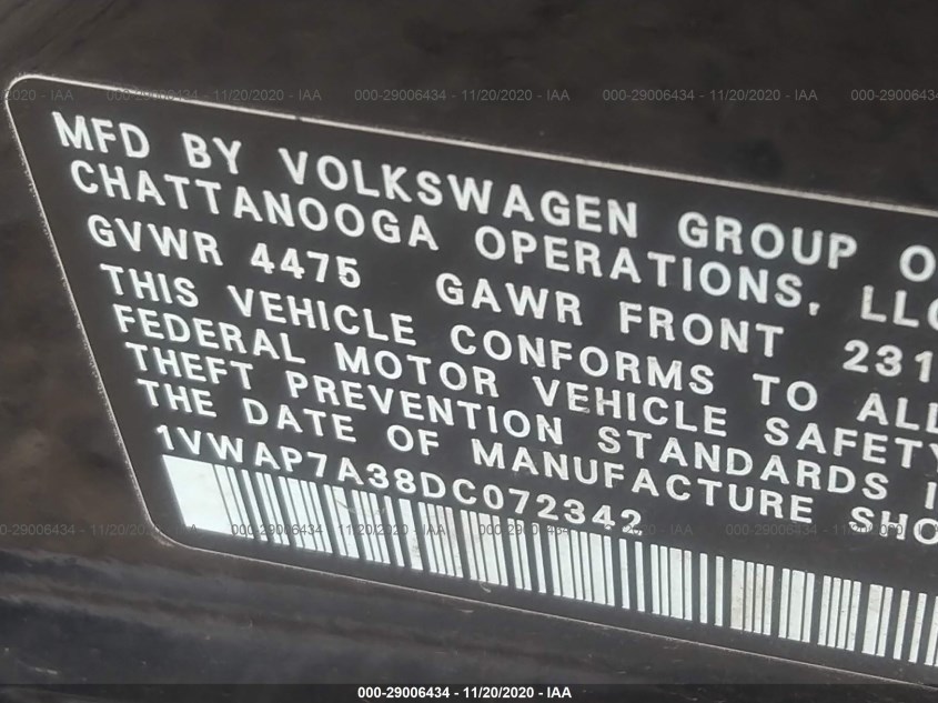 VOLKSWAGEN PASSAT 1VWAP7A38DC072342